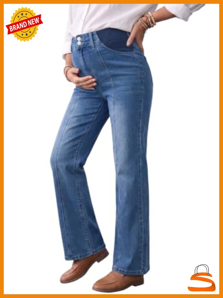 Maternity Jeans Elastic High Waist Side Panel Wide Leg Stretchy Denim Pants